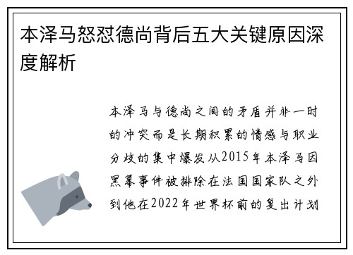 本泽马怒怼德尚背后五大关键原因深度解析