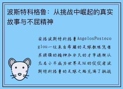 波斯特科格鲁:从挑战中崛起的真实故事与不屈精神 波斯特科格鲁:从挑战中崛起的真实故事与不屈精神