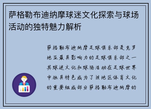 萨格勒布迪纳摩球迷文化探索与球场活动的独特魅力解析