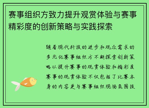 赛事组织方致力提升观赏体验与赛事精彩度的创新策略与实践探索 赛事组织方致力提升观赏体验与赛事精彩度的创新策略与实践探索